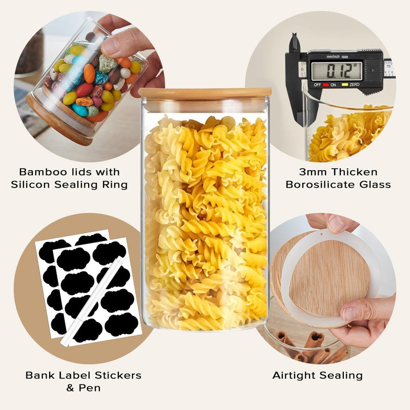 CARLA HOME 12 Pack Glass Storage Jars with Bamboo Lids for Kitchen Pantry, Pasta, Snacks, Cookies, Candy & More