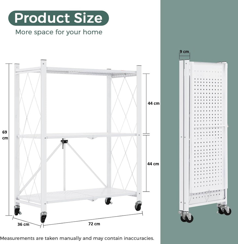CARLA HOME 3-Tier Foldable Storage Shelf with Wheels for Kitchen, Garage, Pantry or Basement (White)