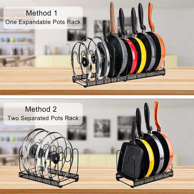 CARLA HOME Expandable Pot and Pan Organizer Rack for Cabinet with 10 Adjustable Dividers, Lid & Cookware Holder for Kitchen Pantry or Countertop Storage