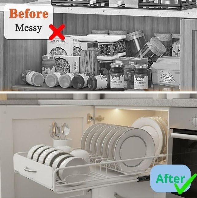 CARLA HOME 2 Pack Pull Out Dish Rack for Kitchen Cabinet with Slide Out Drawer Organizer for Plates, Bowls & Utensils