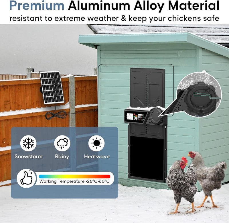 CARLA HOME Solar Automatic Chicken Coop Door with Timer, Light Sensor, Remote Control, Anti-Pinch, LED Screen & USB Charging