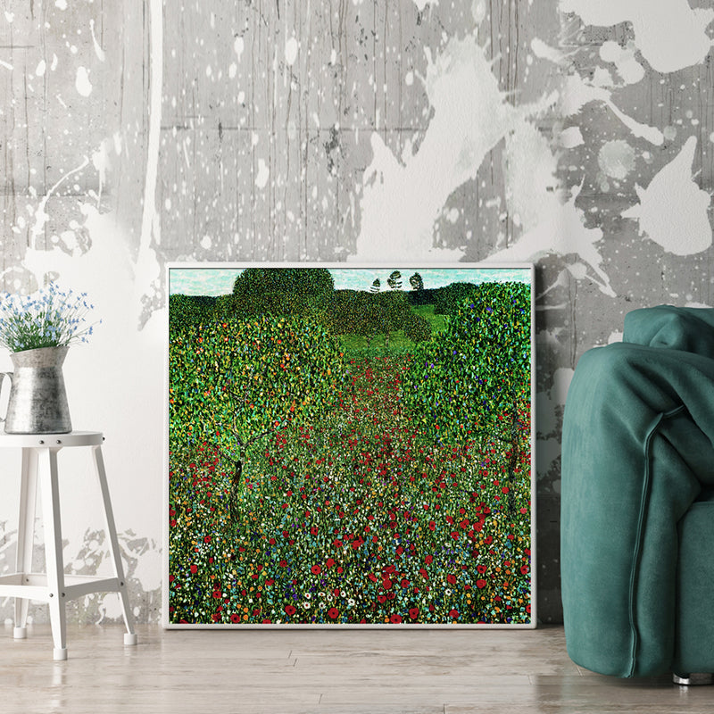 Wall Art 90cmx90cm Field of Poppies by Gustav Klimt White Frame Canvas