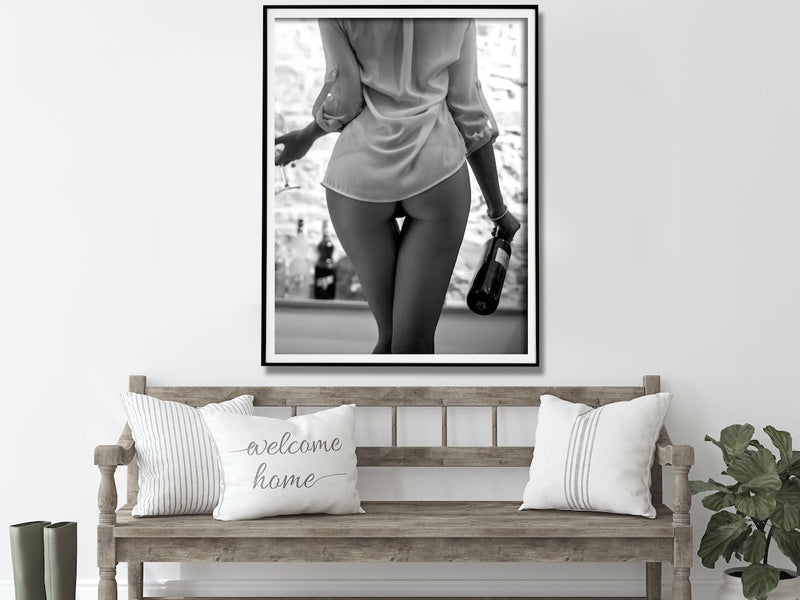 Wall Art 30cmx40cm Woman Drinking Wine , Black and White, Black Frame Canvas