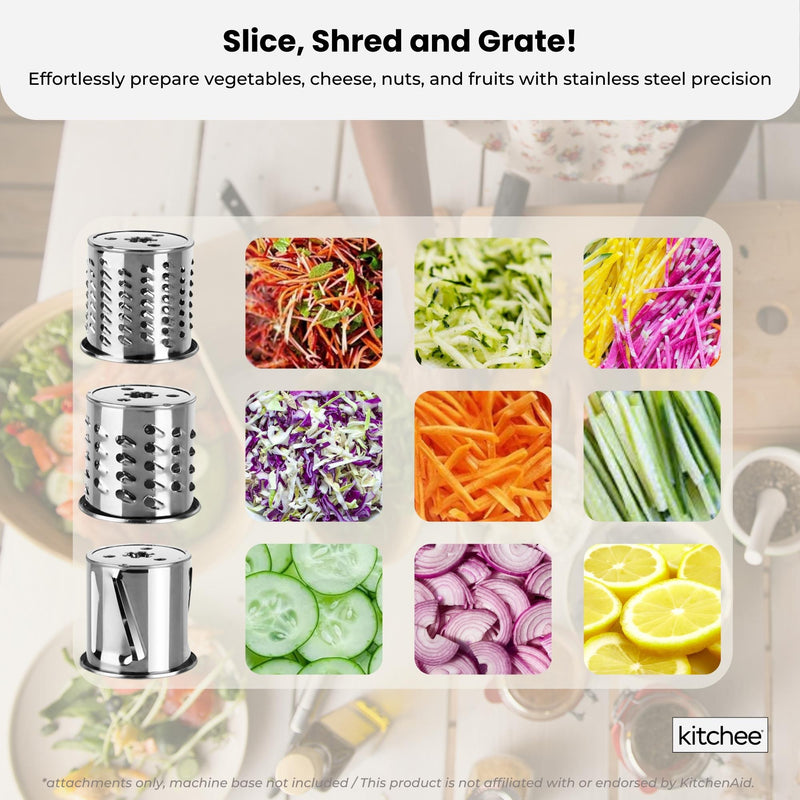 Kitchee Slicer Shredder Grater 3 Attachments - Compatible with KitchenAid Mixer