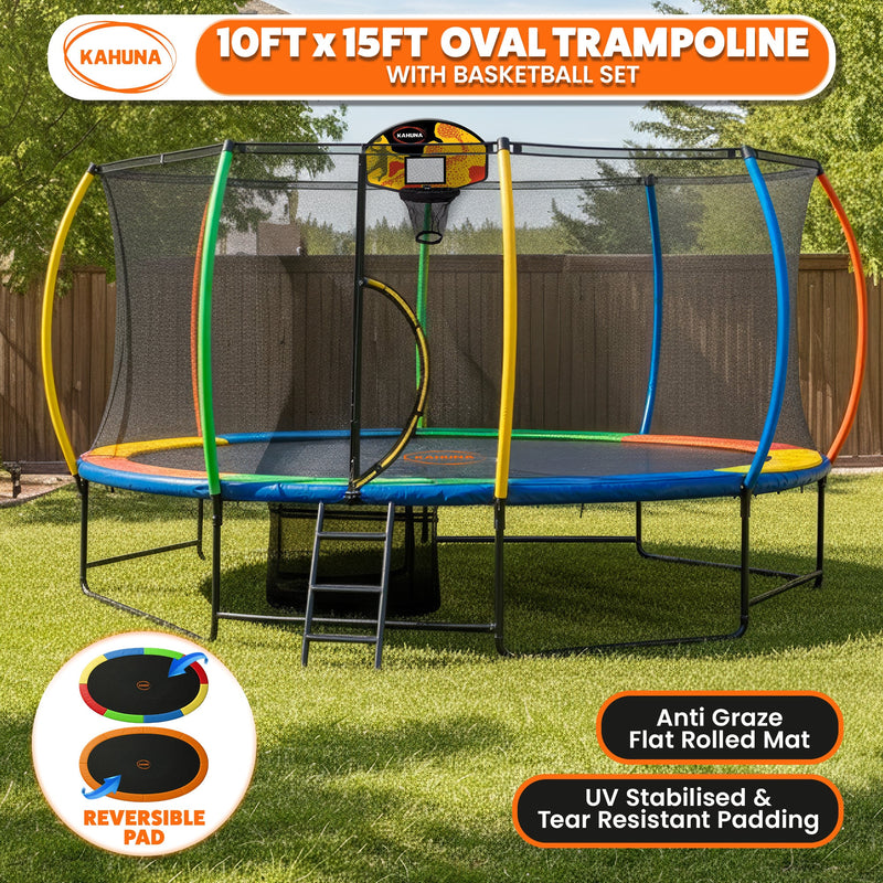 Kahuna 10 ft x 15 ft Oval Outdoor Trampoline w/ Basketball Set Reversible Rainbow & Orange Safety Pad Safety Net Ladder