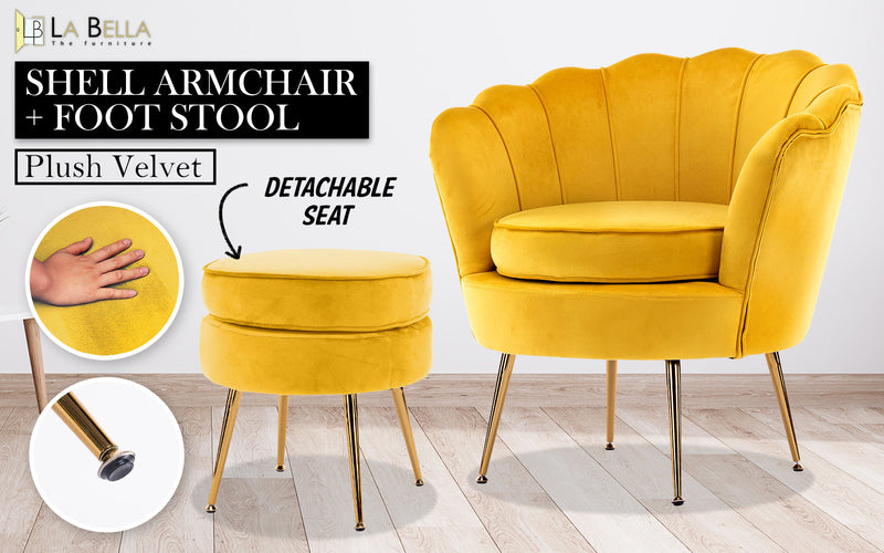 Armchair Lounge Chair Accent Velvet Shell Scallop + Round Ottoman Footstool YELLOW