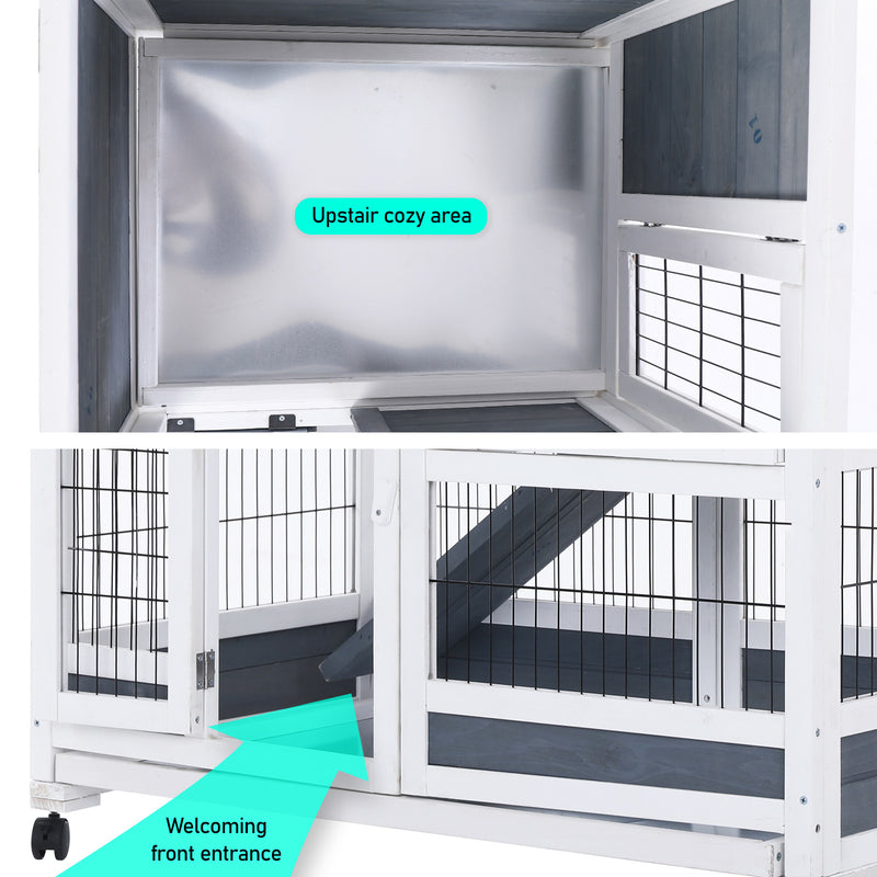 Rabbit Hutch Chicken Coop with Wheels 96.5 x 56 x 90.5cm 2 Storey Pet Cage Run HOPKINS