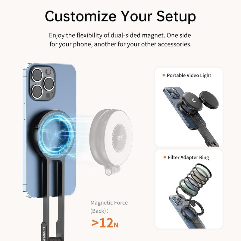 ULANZI MA30 Magnetic Phone Tripod Stand for iPhone - Aluminium Maglock Smartphone Mini Tripod Pocket Cell Phone Stand Dual-Sided Magnet Quick Mount Compatible with iPhone 16 15 14 13 12 Magsafe
(Dark Grey)