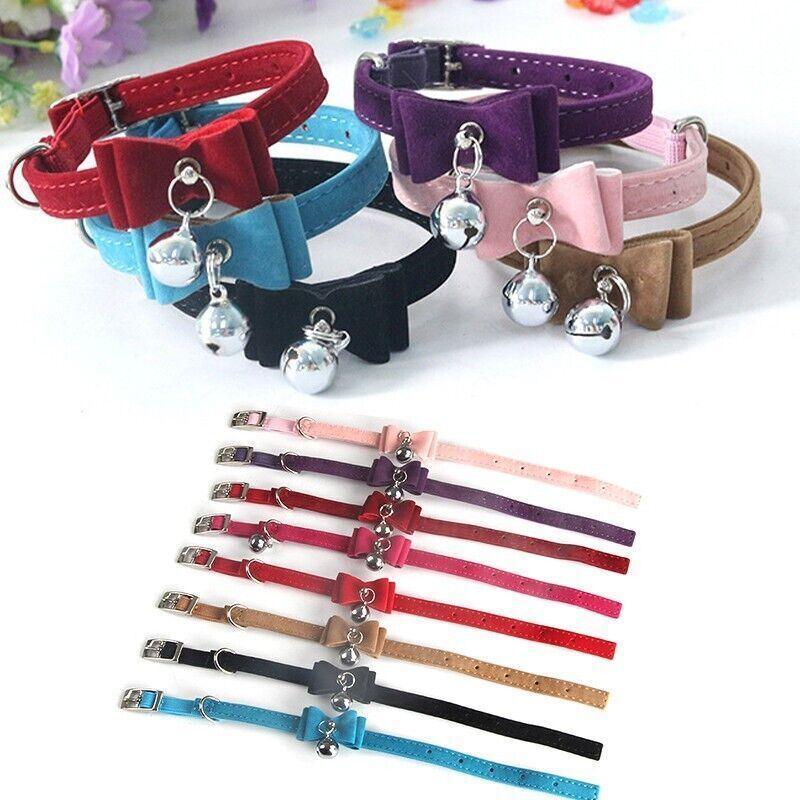1× Adjustable Suede Cat Collar with Bow Bell Pink Blue Black Red - Brown