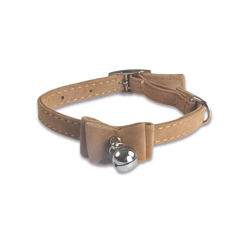 1× Adjustable Suede Cat Collar with Bow Bell Pink Blue Black Red - Brown