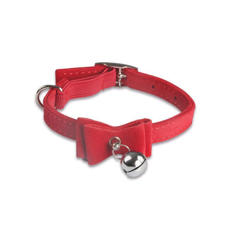 1× Adjustable Suede Cat Collar with Bow Bell Pink Blue Black Red - Brown