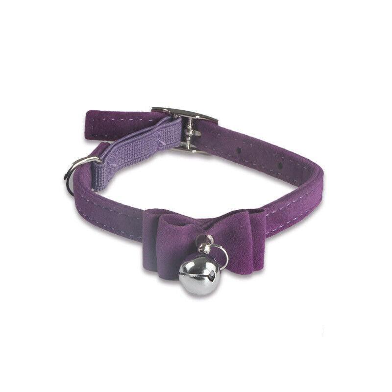 1× Adjustable Suede Cat Collar with Bow Bell Pink Blue Black Red - Purple