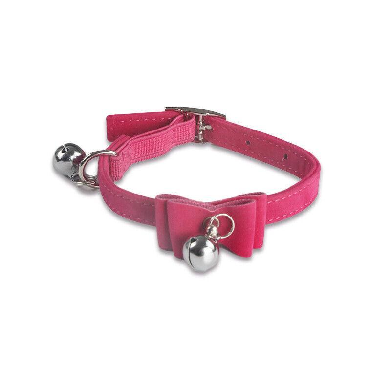 1× Adjustable Suede Cat Collar with Bow Bell Pink Blue Black Red - Red