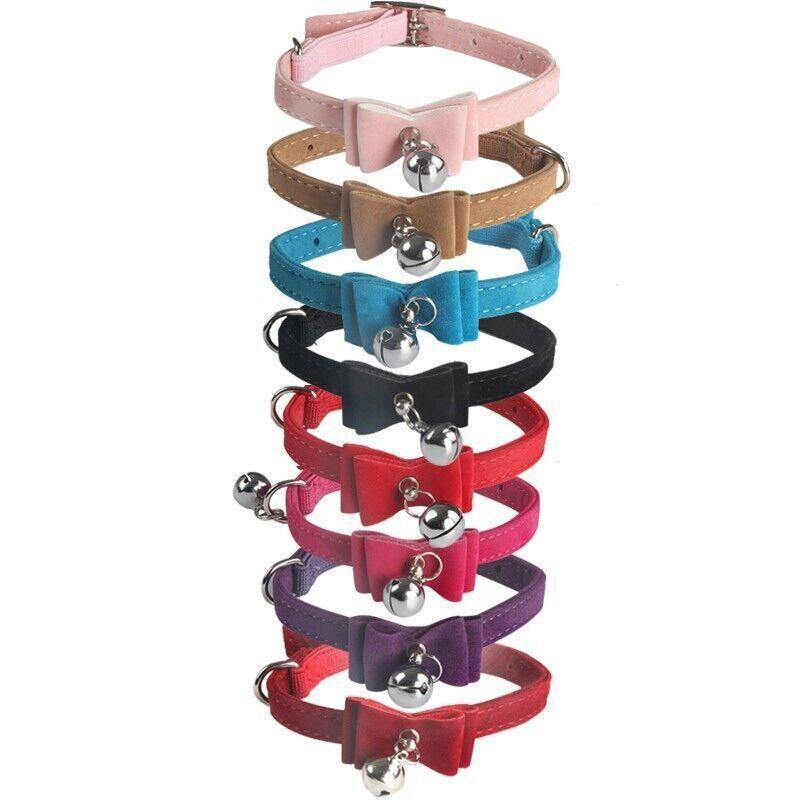 1× Adjustable Suede Cat Collar with Bow Bell Pink Blue Black Red - Rose Red