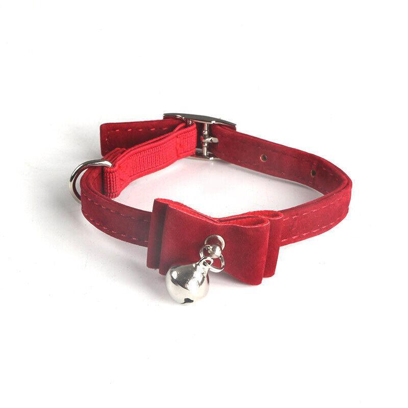 1× Adjustable Suede Cat Collar with Bow Bell Pink Blue Black Red - Rose Red
