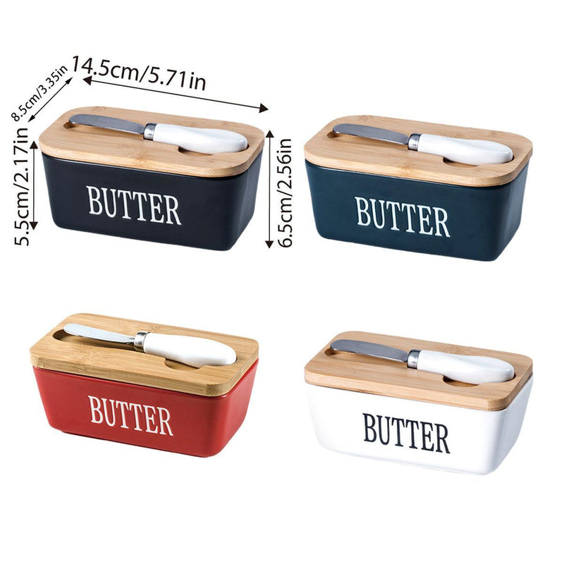 Butter Box with Knife Rectangular Cheese Container with Wooden Lid for Kitchen - Black