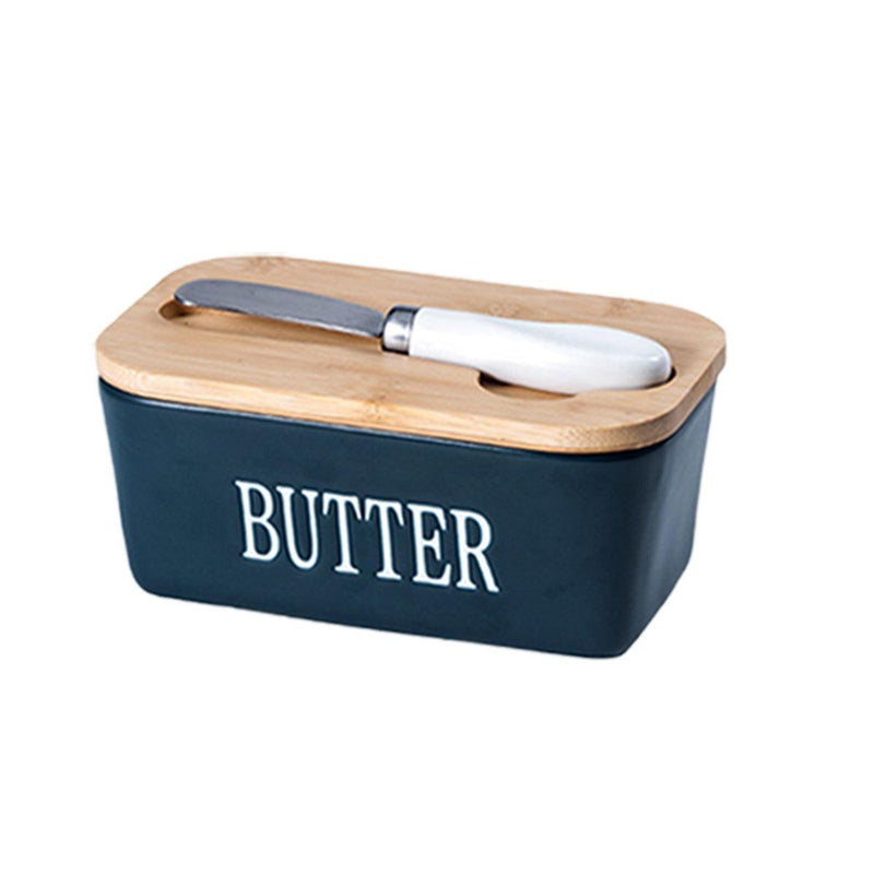 Butter Box with Knife Rectangular Cheese Container with Wooden Lid for Kitchen - Black