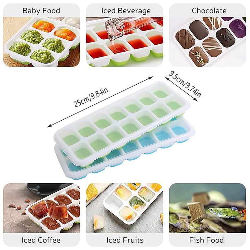 4Pcs Ice Cube Tray With Lid Easy Release Silicone Mould 14 Cubes Container Mold - Green