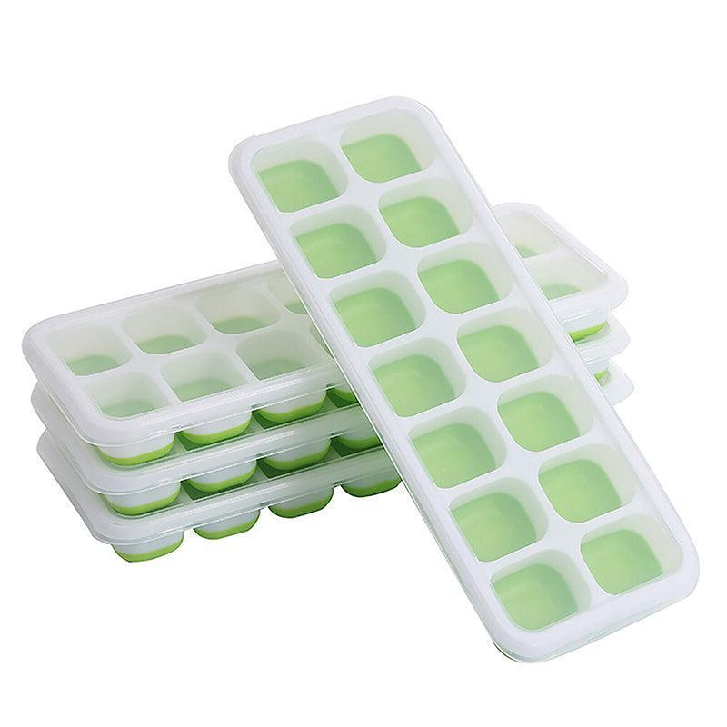 4Pcs Ice Cube Tray With Lid Easy Release Silicone Mould 14 Cubes Container Mold - Green