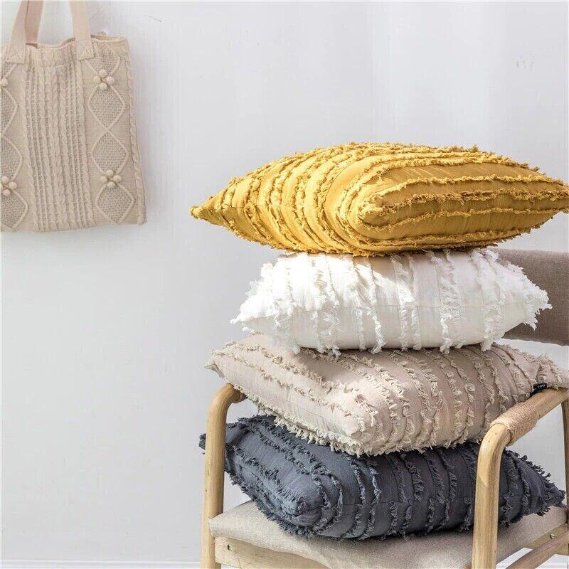 Boho Tassel Fringe Striped Cushion Cover Soft Home Decor Sofa Throw Pillow Case - Grey