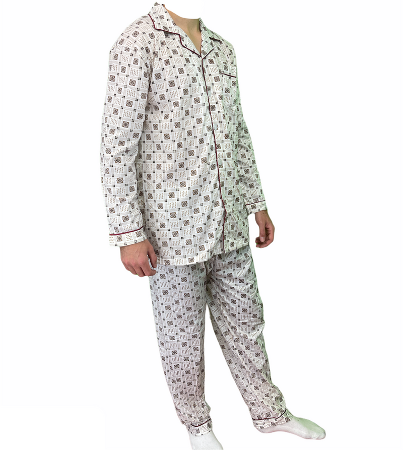 Mens Cotton Pajamas Pyjamas PJs Long Sleeve Shirt Tops + Pants Set Sleepwear - White/Brown - XXL