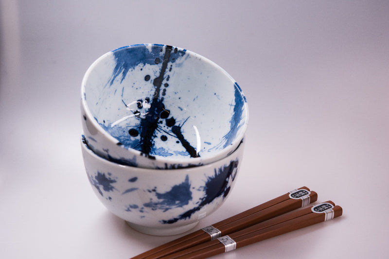 Bowl Set 2pcs with Chopsticks Blue White Splash Design