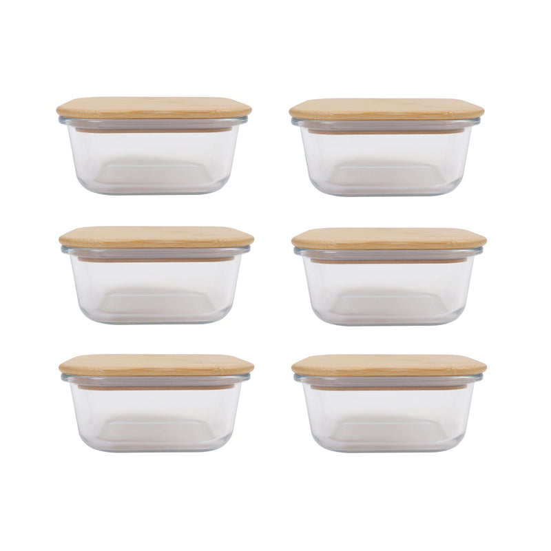 6 Pcs Medium Bamboo Food Containers – Clear Glass with Bamboo Lids