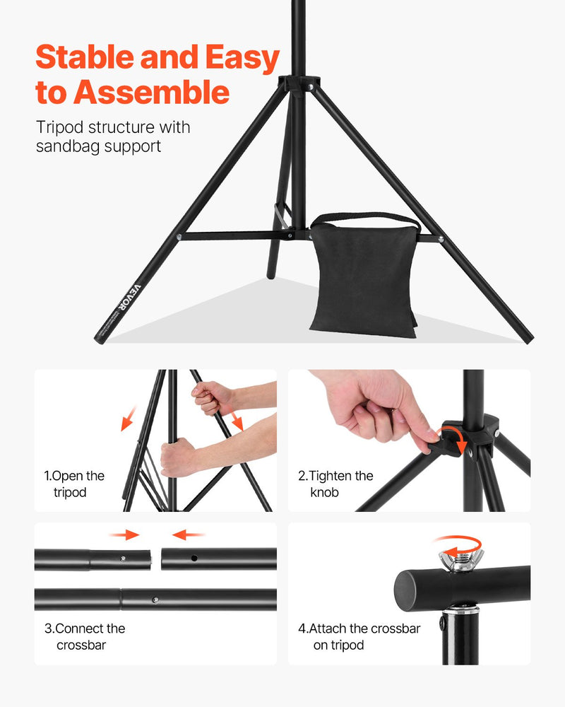 VEVOR Backdrop Stand, 298 x 300 cm Adjustable Photo Backdrop Stand Kit, Portable Background Backdrop Stand with 4 Crossbars, Heavy Duty Projector Screen Stand, for Wedding, Photo Video Studio & Party