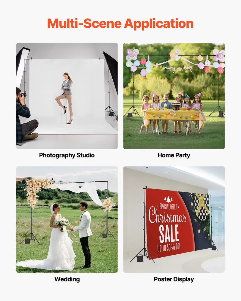 VEVOR Backdrop Stand, 298 x 300 cm Adjustable Photo Backdrop Stand Kit, Portable Background Backdrop Stand with 4 Crossbars, Heavy Duty Projector Screen Stand, for Wedding, Photo Video Studio & Party