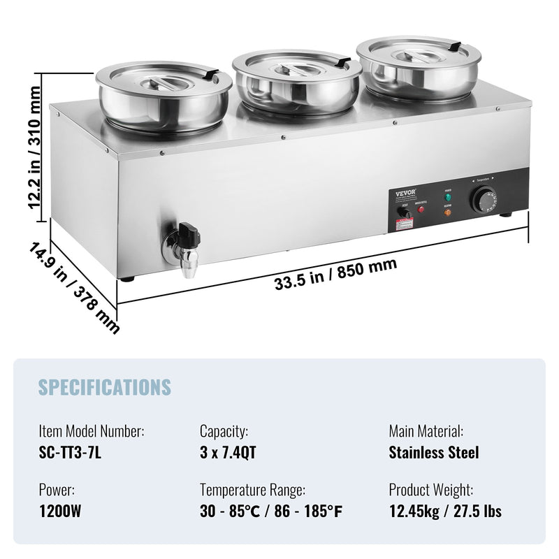 VEVOR Electric Soup Warmer, Three 7.4QT Stainless Steel Round Pot, 1200W Commercial Food Warmer, 30 - 85℃ Adjustable Temp, Bain Marie with Anti-Dry Burn and Reset Button, for Restaurant, Buffet