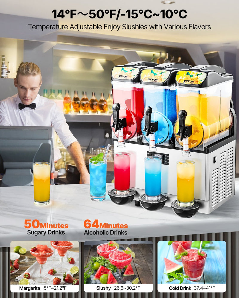 VEVOR Commercial Frozen Drink Maker, 15Lx3 Triple Tank Slushy Machine, 180 Cups Stainless Steel Margarita Smoothie Frozen Drink Machine, Slushie Maker for Home Party Restaurants Cafe Bars
