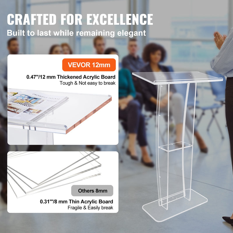 VEVOR Acrylic Podium, 47" Tall, Clear Acrylic Podium Stand with Wide Reading Surface & Storage Shelf, Floor-standing Clear Pulpits Acrylic for Church Office School
