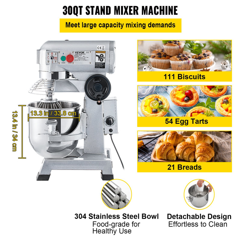 Commercial Food Mixer 30Qt, Food Mixer Commercial with Timing Function, 1100W Stainless Steel Bowl Heavy Duty Electric Commercial Mixer with 3 Speeds Adjustable 108/199/382 RPM, Dough Hook Whisk