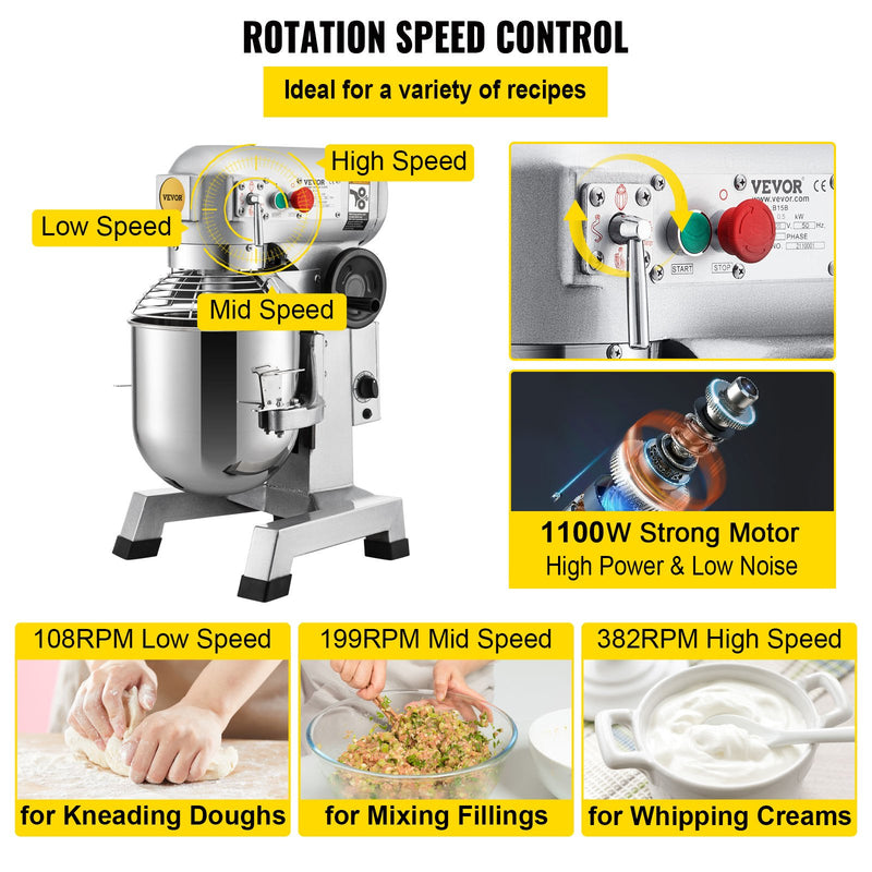 Commercial Food Mixer 30Qt, Food Mixer Commercial with Timing Function, 1100W Stainless Steel Bowl Heavy Duty Electric Commercial Mixer with 3 Speeds Adjustable 108/199/382 RPM, Dough Hook Whisk
