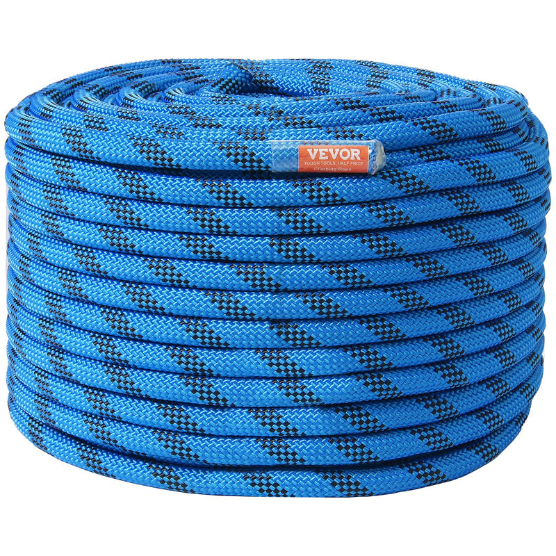 VEVOR 12.7mm Static Climbing Rope, 45.7M(150ft) Outdoor Rock Climbing Rope 30KN Breaking Tension, Fiber Rope with Steel Snap Hooks for Escape, Rappelling, Fire Rescue, Blue