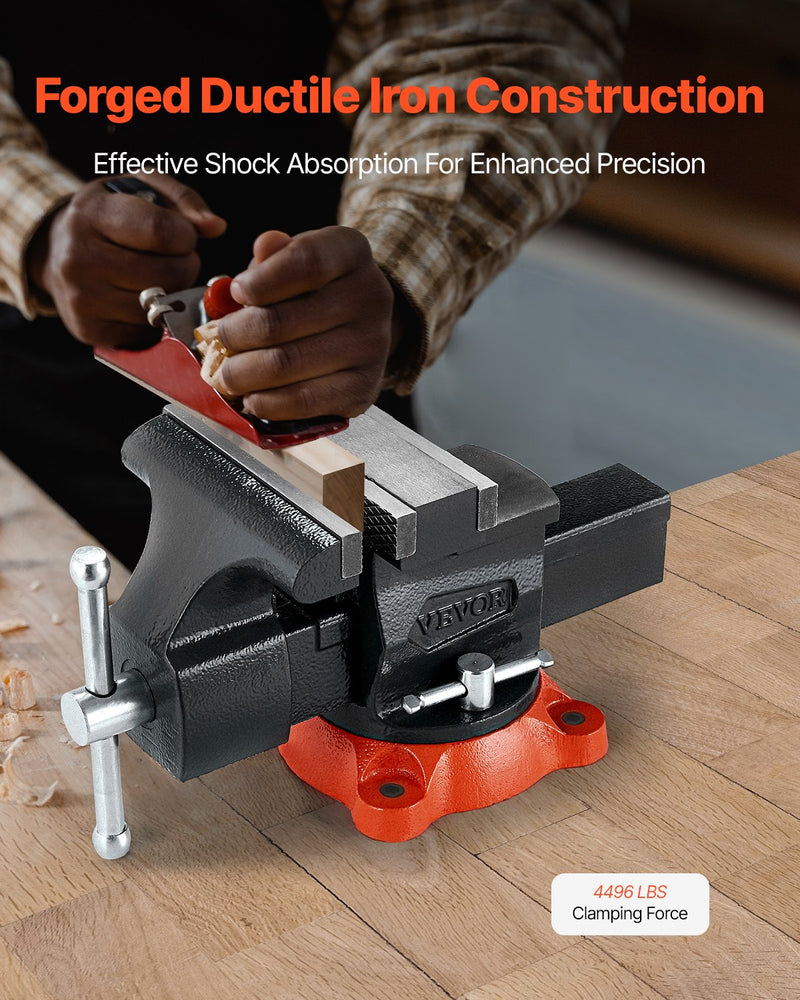 VEVOR Bench Vise, 140 mm Jaw Width, 140 mm Max Jaw Opening Multipurpose Vise with 360° Swivel Locking Base, 73 mm Throat, Heavy Duty Ductile Iron Workbench Vise, Two-Way Jaws for Clamping Round Pipes