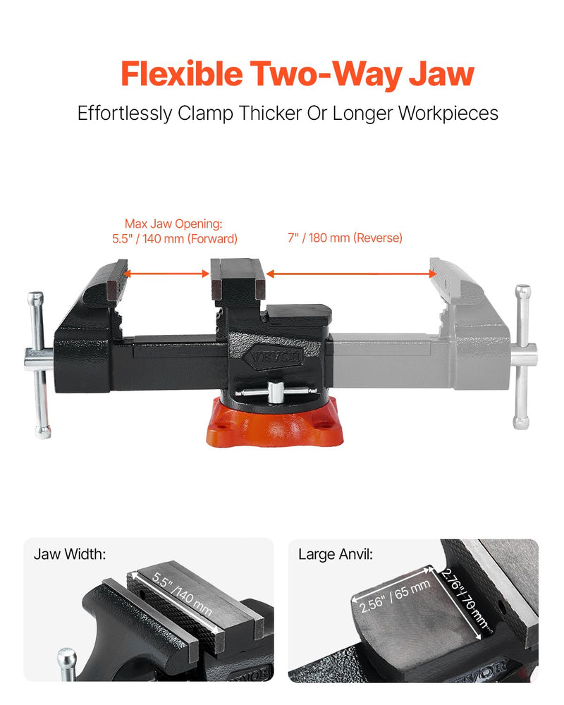 VEVOR Bench Vise, 140 mm Jaw Width, 140 mm Max Jaw Opening Multipurpose Vise with 360° Swivel Locking Base, 73 mm Throat, Heavy Duty Ductile Iron Workbench Vise, Two-Way Jaws for Clamping Round Pipes