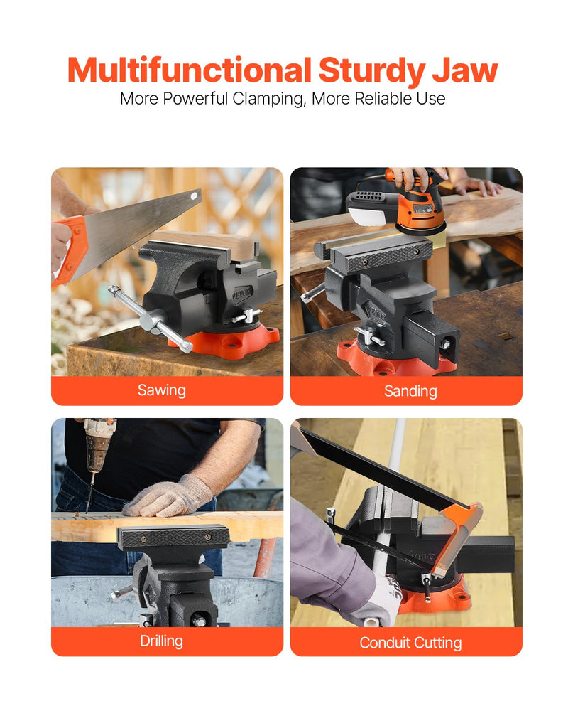 VEVOR Bench Vise, 140 mm Jaw Width, 140 mm Max Jaw Opening Multipurpose Vise with 360° Swivel Locking Base, 73 mm Throat, Heavy Duty Ductile Iron Workbench Vise, Two-Way Jaws for Clamping Round Pipes