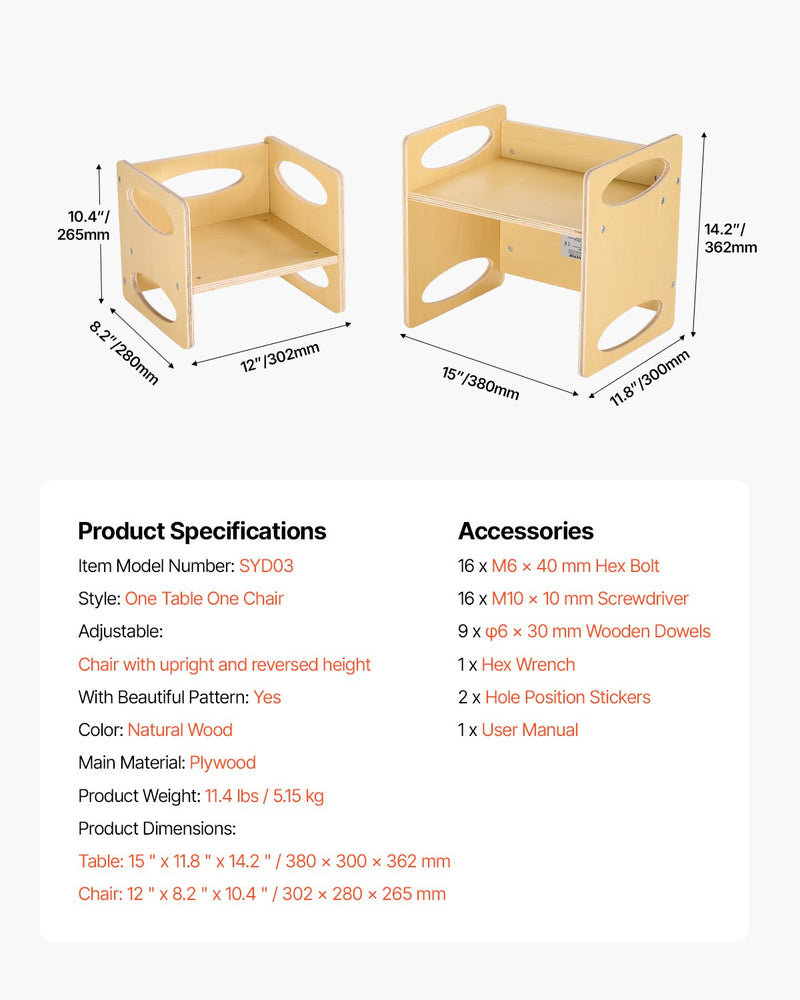 VEVOR Montessori Weaning Table and Chair Set, Wooden Toddler Table and Chair Set for Aged 1-5, Adjustable Height Kids Montessori Chair and Activity Table, Ideal for Reading, Eating, Playing - Natural
