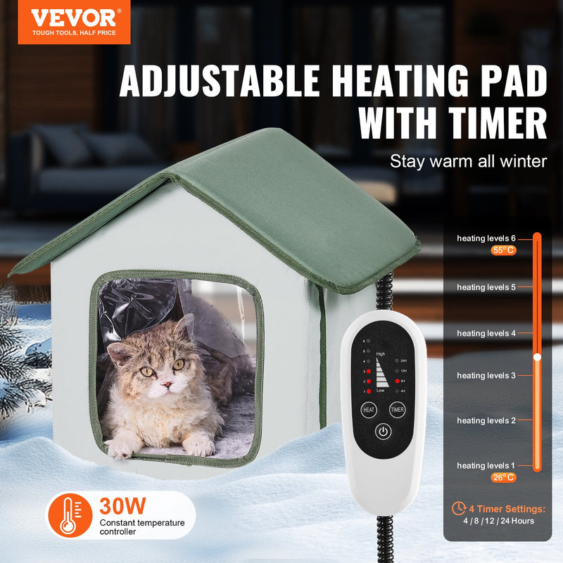 VEVOR Elevated Heated Cat House, Outdoor Kitty Shelter with Timer, 600D Oxford Cloth Foldable Cat Shelter with Heated Pad for Winter to Stay Warm and Cozy, Green (Small)