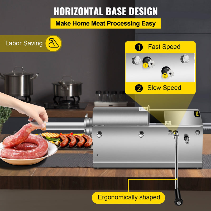 VEVOR Manual Sausage Stuffer, 3 L / 7 LBS Horizontal Sausage Machine, Dual-Speed Meat Stuffer, Made of Food-Grade 304 Stainless Steel, Includes 5 Stuffing Tubes, for Home Kitchen Restaurant Commercial
