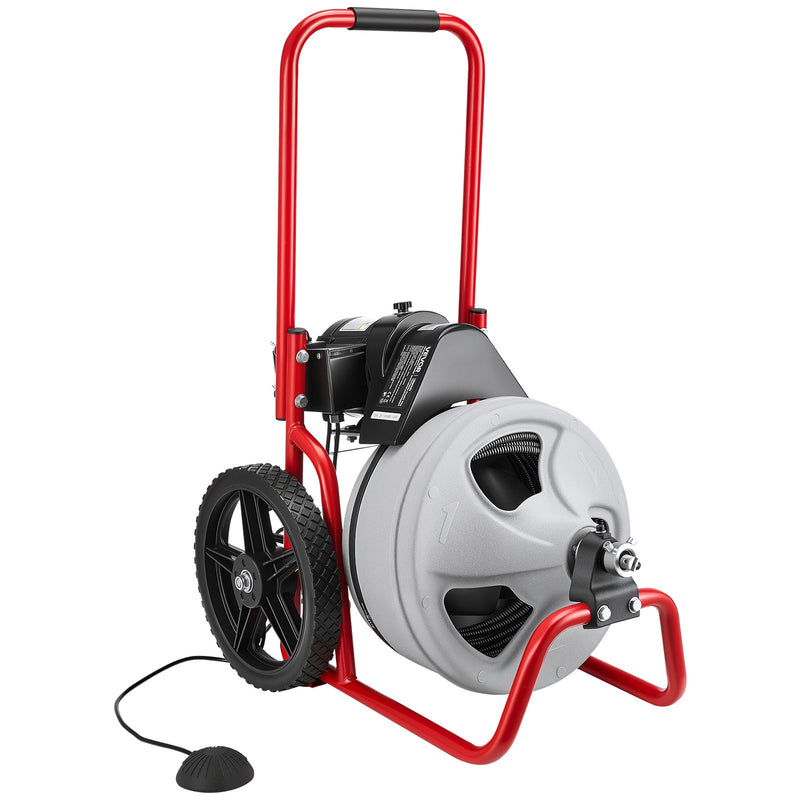 VEVOR Drain Cleaner Machine 22m x 9.5mm, Sewer Snake Auger Manual Feed on Wheels, Portable Drain Cleaning Machine with 6 Cutters & Air-activated Foot Switch for 50mm to 100mm Pipes