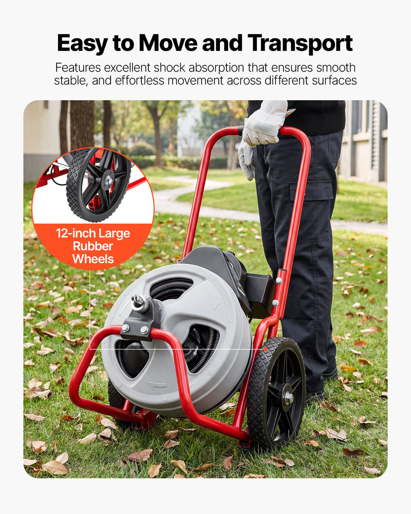 VEVOR Drain Cleaner Machine 22m x 9.5mm, Sewer Snake Auger Manual Feed on Wheels, Portable Drain Cleaning Machine with 6 Cutters & Air-activated Foot Switch for 50mm to 100mm Pipes