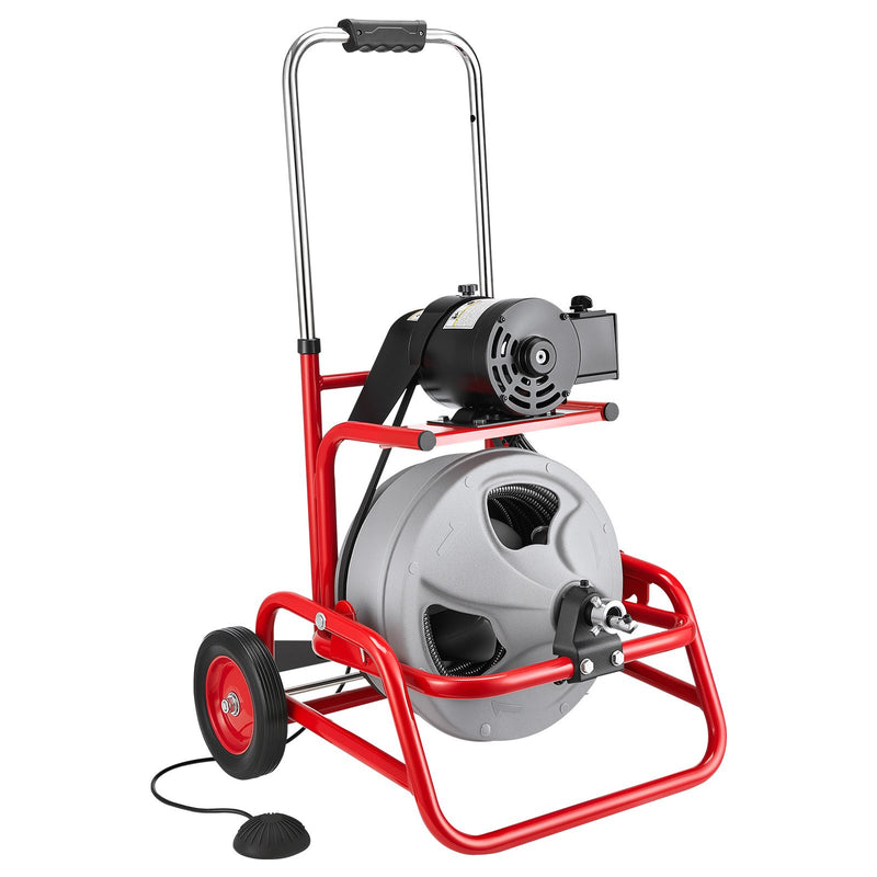 VEVOR Drain Cleaner Machine 22m x 12.7mm, Sewer Snake Auger on Wheels, Manual Feed Drain Cleaning Machine with Adjustable Drum Angle, 6 Cutters & Air-activated Foot Switch for 50mm to 150mm Pipes