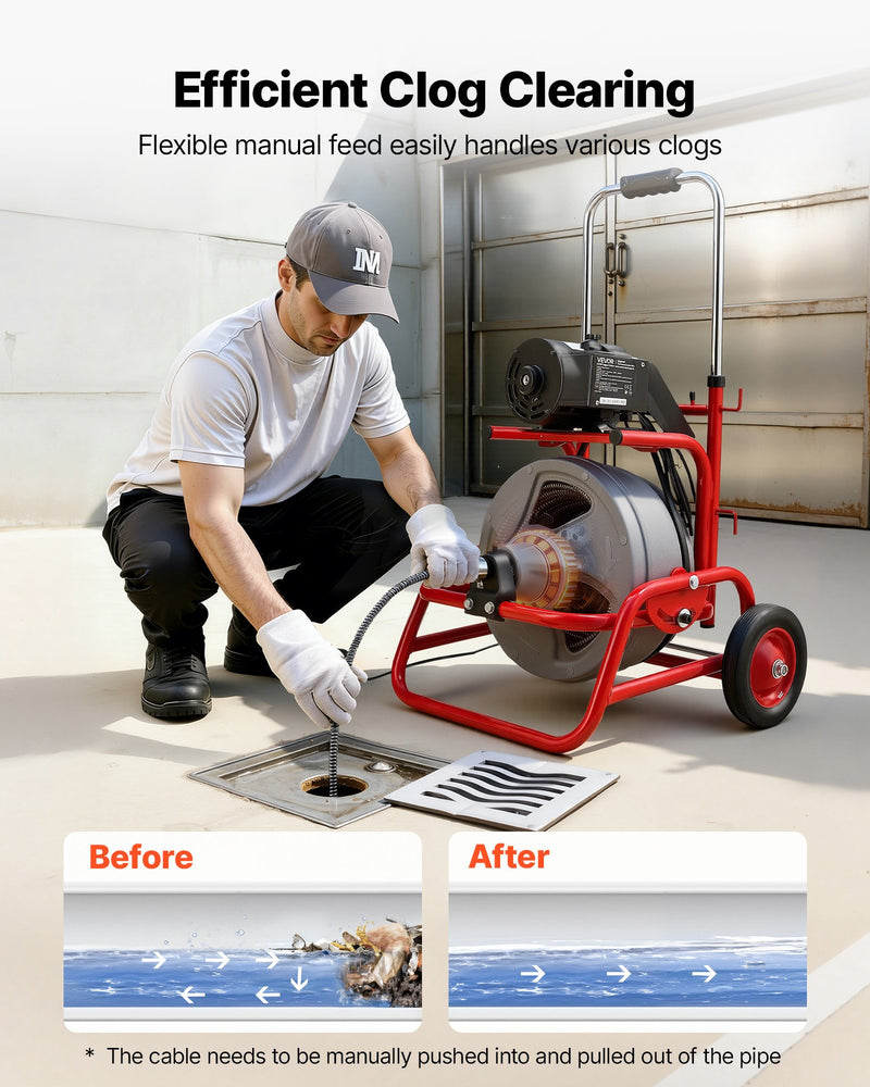 VEVOR Drain Cleaner Machine 22m x 12.7mm, Sewer Snake Auger on Wheels, Manual Feed Drain Cleaning Machine with Adjustable Drum Angle, 6 Cutters & Air-activated Foot Switch for 50mm to 150mm Pipes