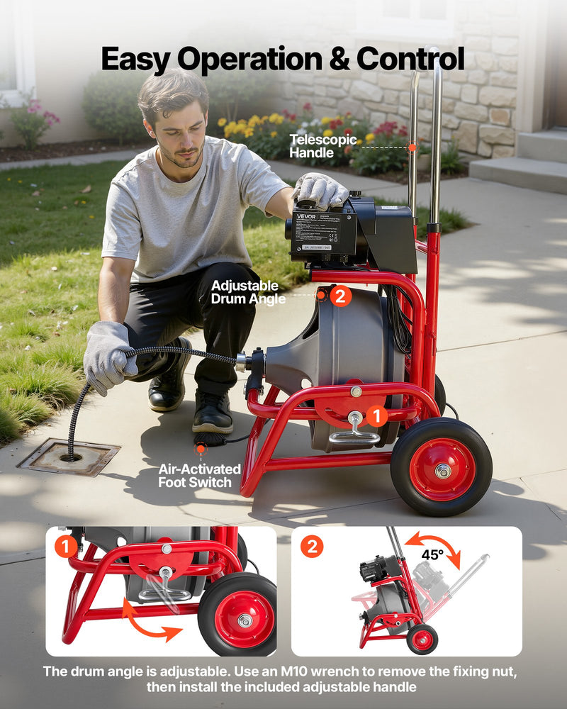 VEVOR Drain Cleaner Machine 22m x 12.7mm, Sewer Snake Auger on Wheels, Manual Feed Drain Cleaning Machine with Adjustable Drum Angle, 6 Cutters & Air-activated Foot Switch for 50mm to 150mm Pipes