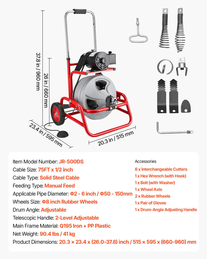 VEVOR Drain Cleaner Machine 22m x 12.7mm, Sewer Snake Auger on Wheels, Manual Feed Drain Cleaning Machine with Adjustable Drum Angle, 6 Cutters & Air-activated Foot Switch for 50mm to 150mm Pipes