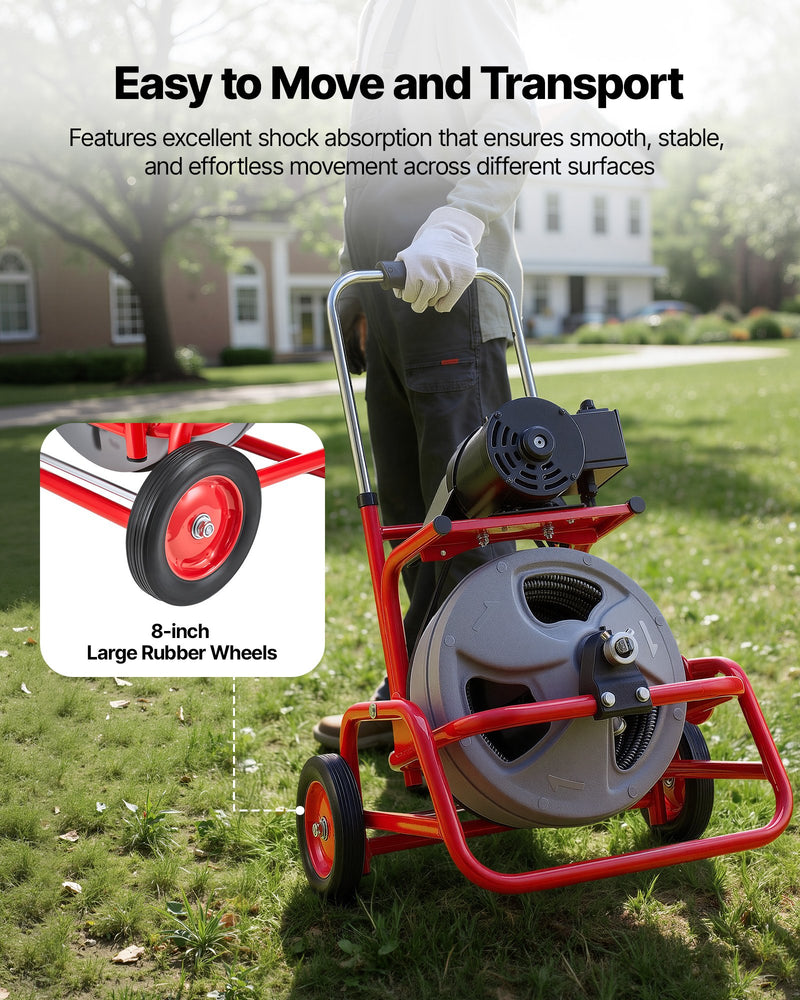VEVOR Drain Cleaner Machine 22m x 12.7mm, Sewer Snake Auger on Wheels, Manual Feed Drain Cleaning Machine with Adjustable Drum Angle, 6 Cutters & Air-activated Foot Switch for 50mm to 150mm Pipes