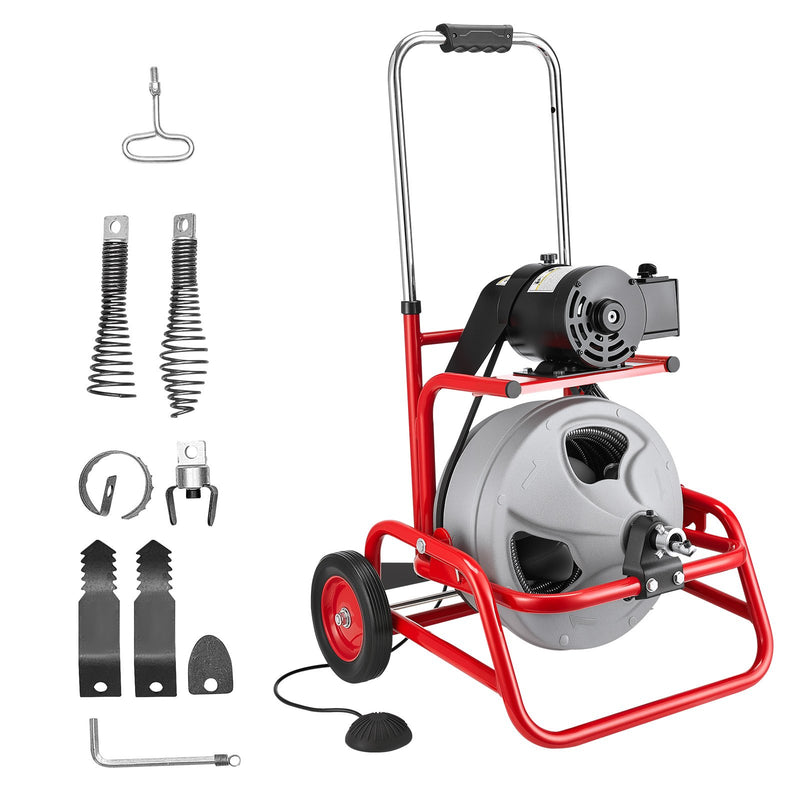 VEVOR Drain Cleaner Machine 22m x 12.7mm, Sewer Snake Auger on Wheels, Manual Feed Drain Cleaning Machine with Adjustable Drum Angle, 6 Cutters & Air-activated Foot Switch for 50mm to 150mm Pipes