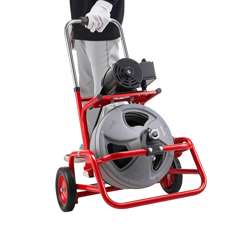VEVOR Drain Cleaner Machine 22m x 12.7mm, Sewer Snake Auger on Wheels, Manual Feed Drain Cleaning Machine with Adjustable Drum Angle, 6 Cutters & Air-activated Foot Switch for 50mm to 150mm Pipes